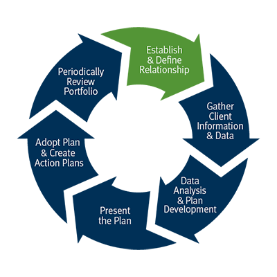 Our process wheel: Establish and define relationship, Gather client information and data, Data Analysis and plan development, Present the plan, Adopt plan and create action plans, Monitor the plan